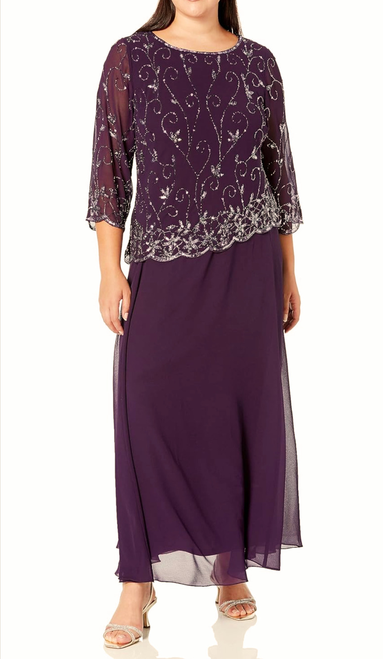 J Kara Women's V Neck Sleeve Scallop Beaded Top Long Chiffon Dress size 6
